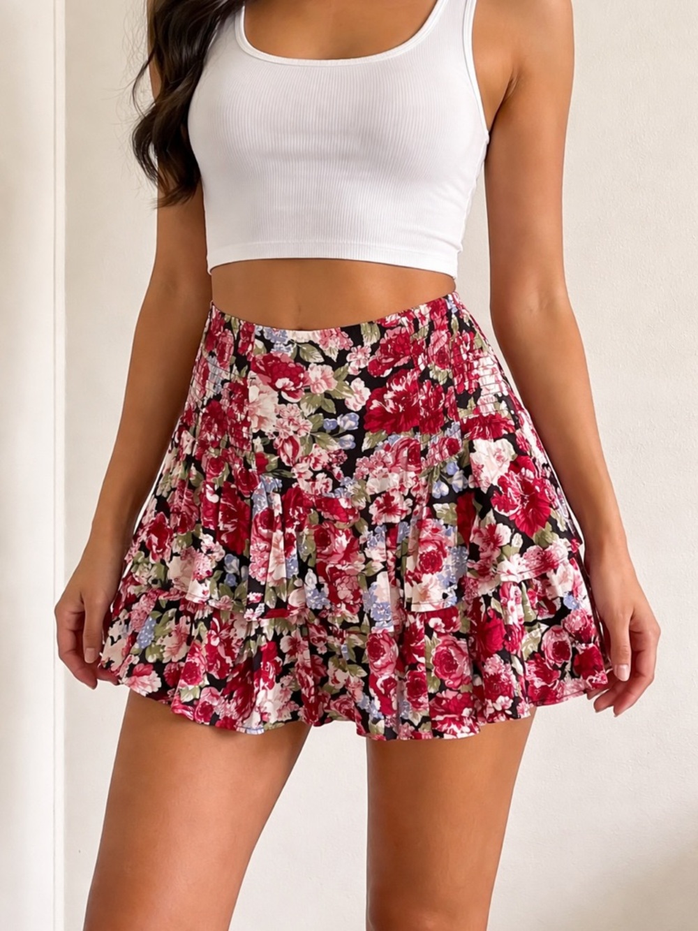 MINKPINK Red Floral Tiered Mini Skirt